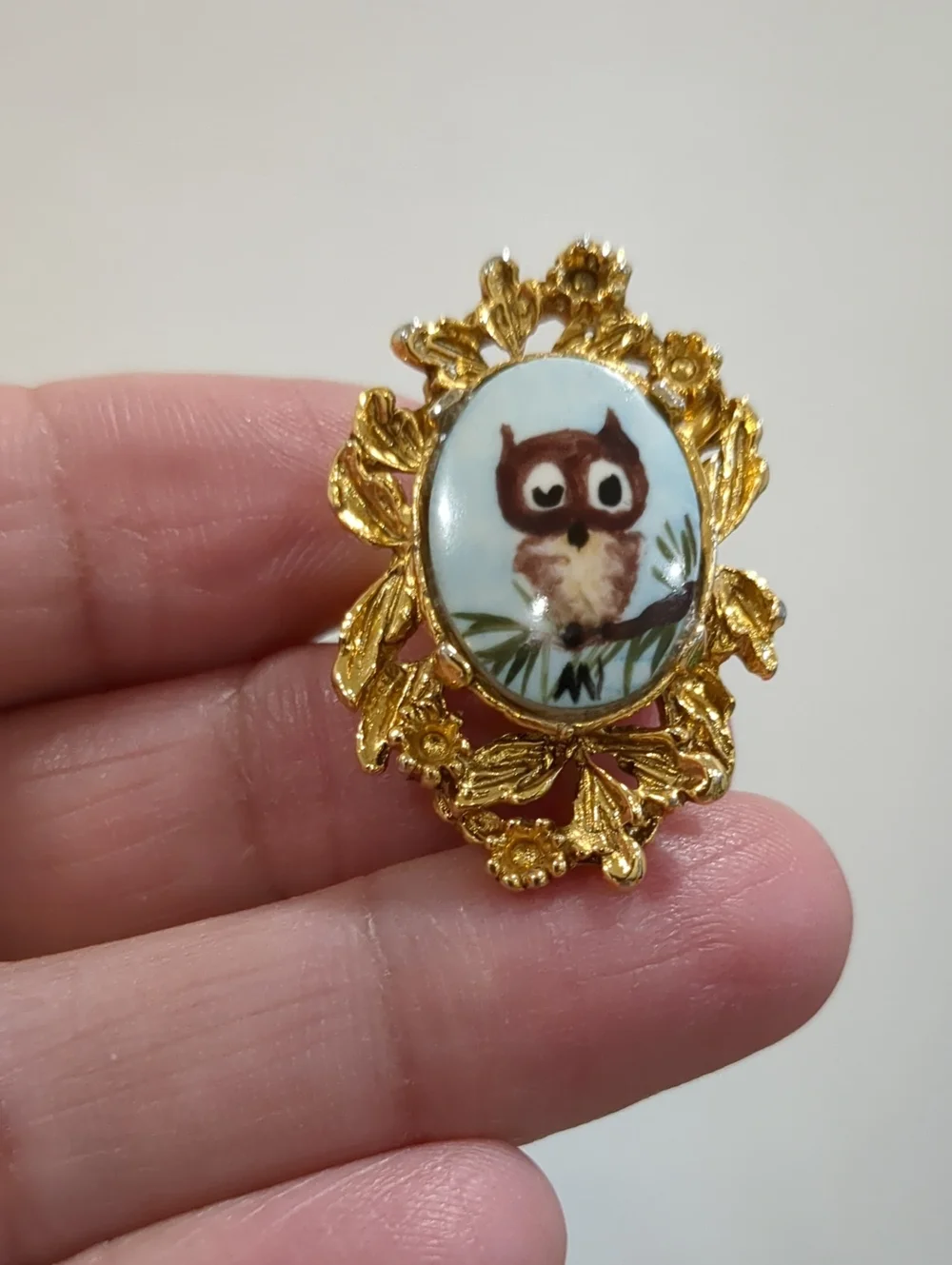 Gold-Tone Owl Portrait Painted Ring
